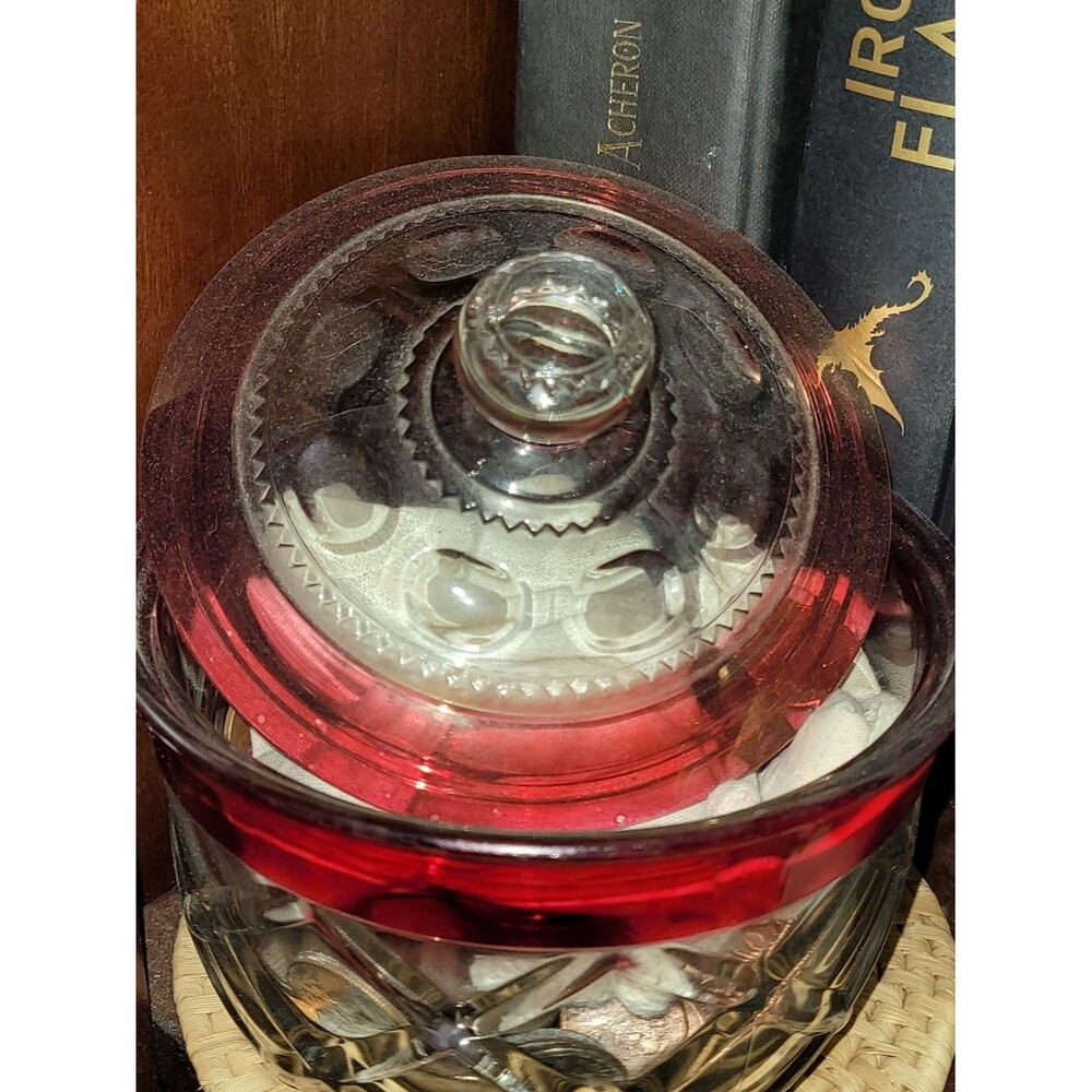 VTG Cut Glass CandyDisg LID Clear Jar with Ruby Red Rim EUC
